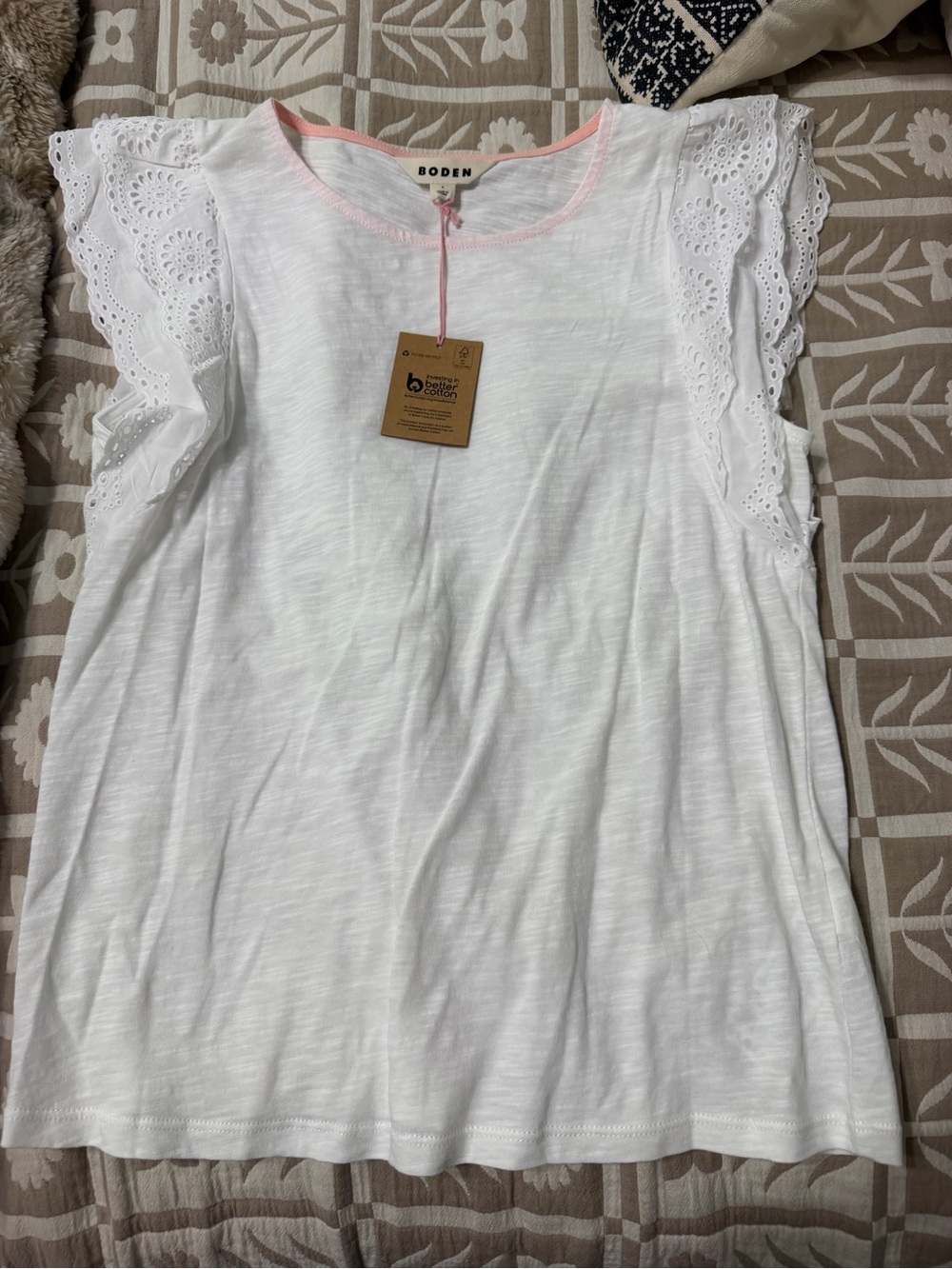 Boden White Top with Pink Trim and Eyelet Sleeves